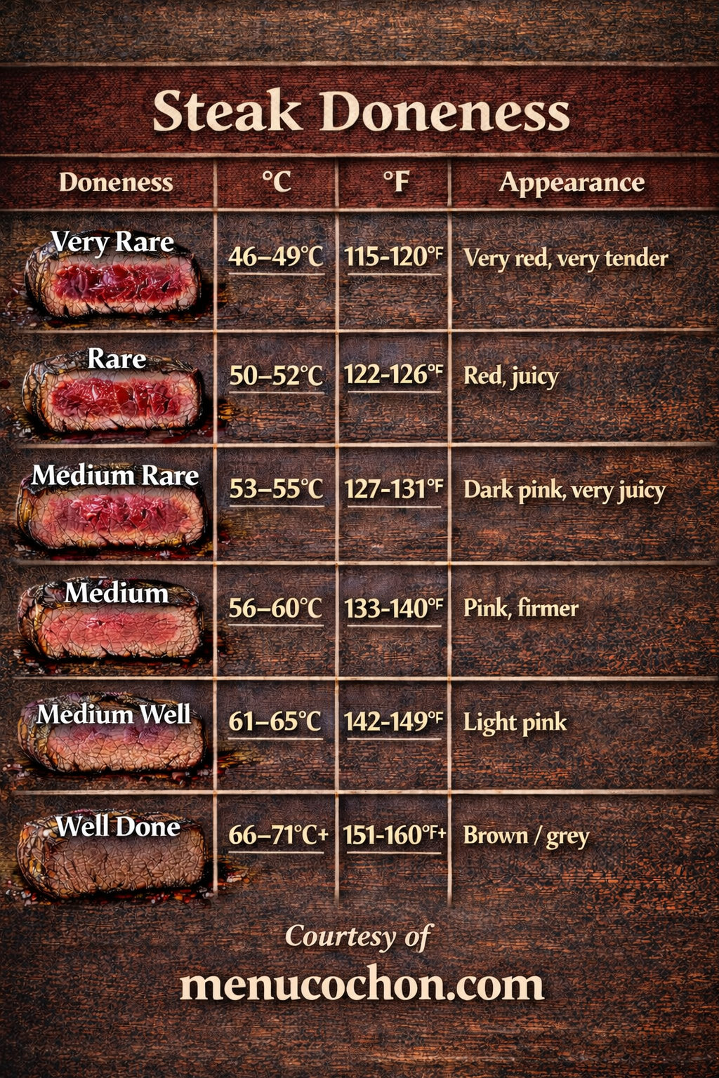 Steak doneness visual chart showing temperatures from blue rare to well done
