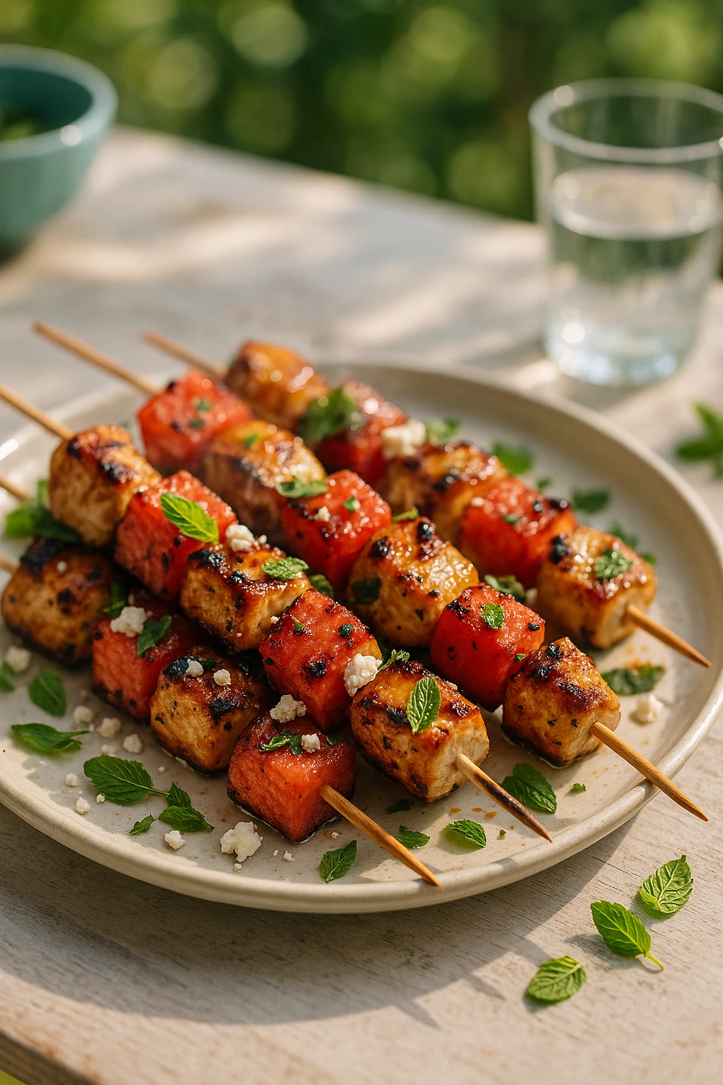 Brochettes de poulet et pastèque grillée