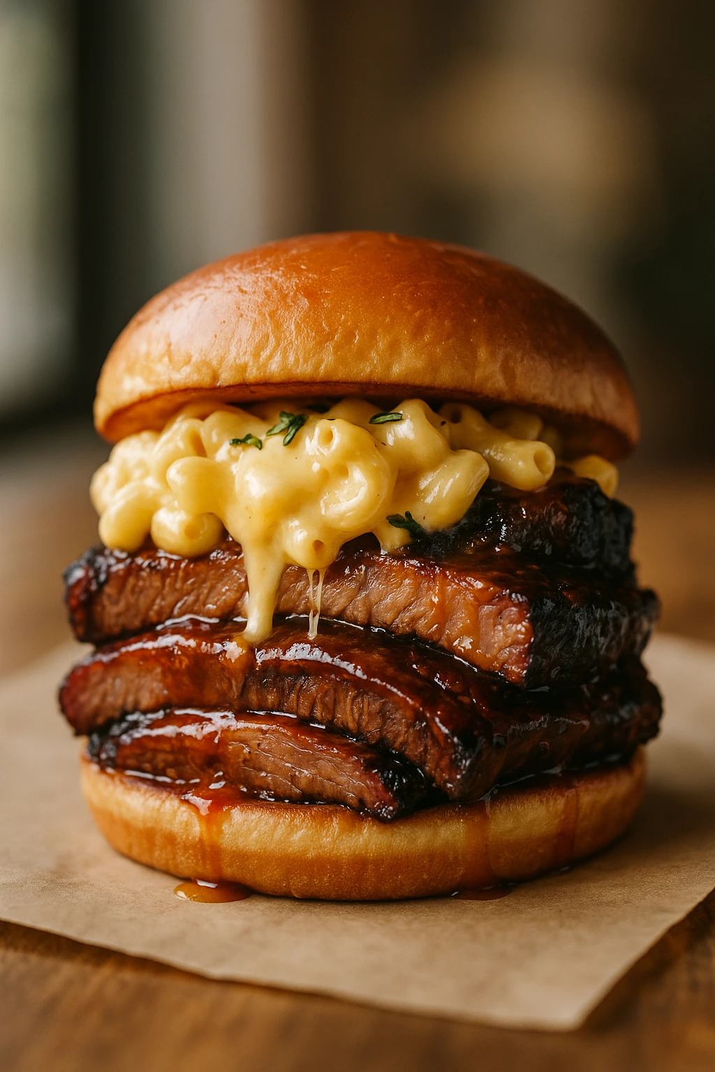4 Sándwich de brisket BBQ con mac and cheese