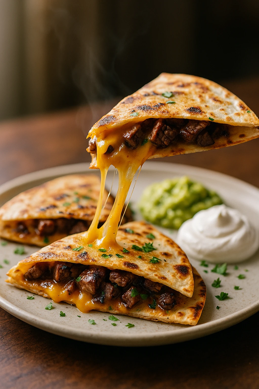 6 Quesadillas BBQ con carne asada y queso fundido