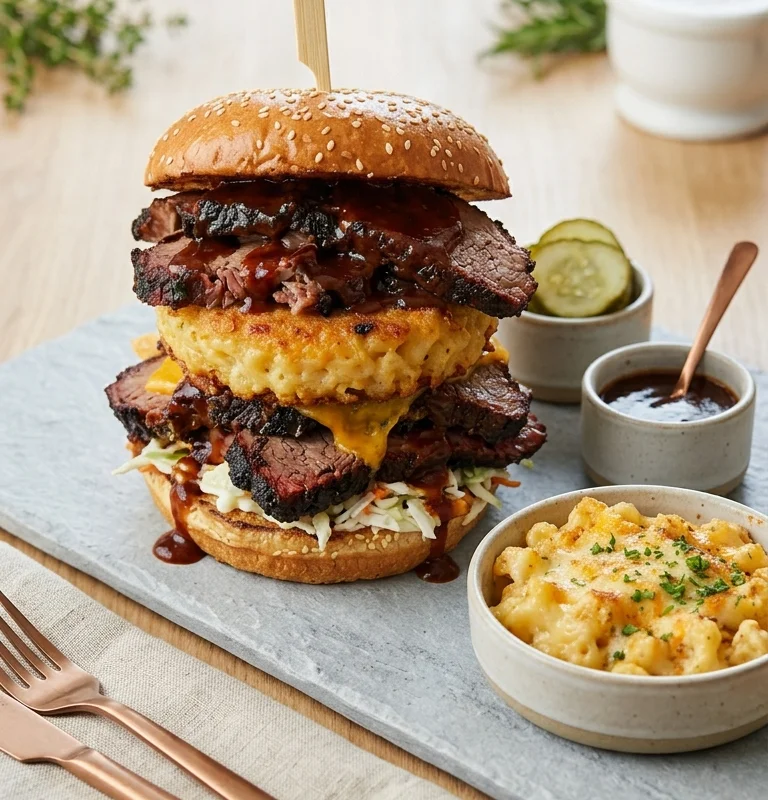Sándwich de brisket BBQ con mac and cheese