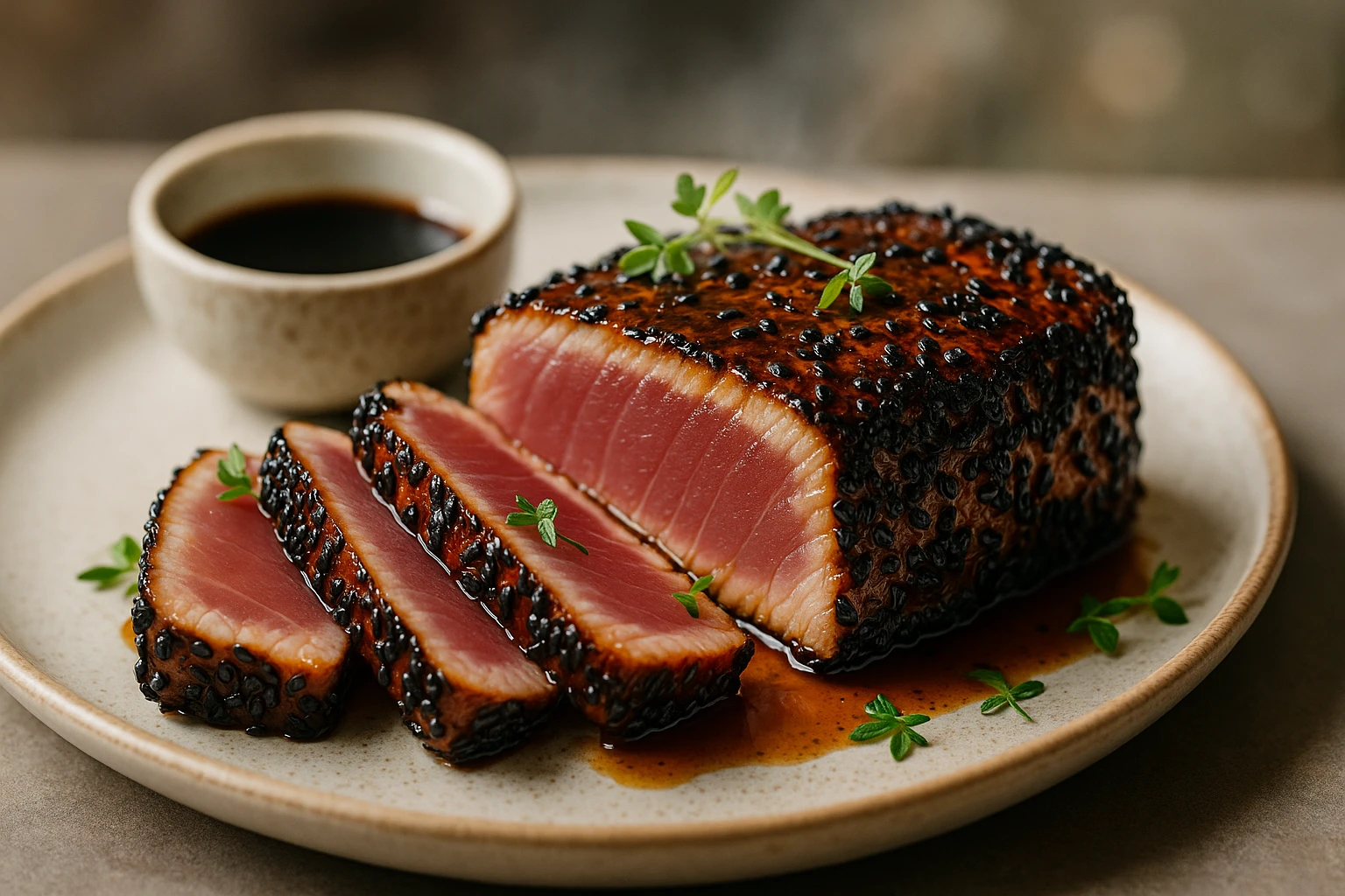 Thon grillé en croûte de sésame noir et érable
