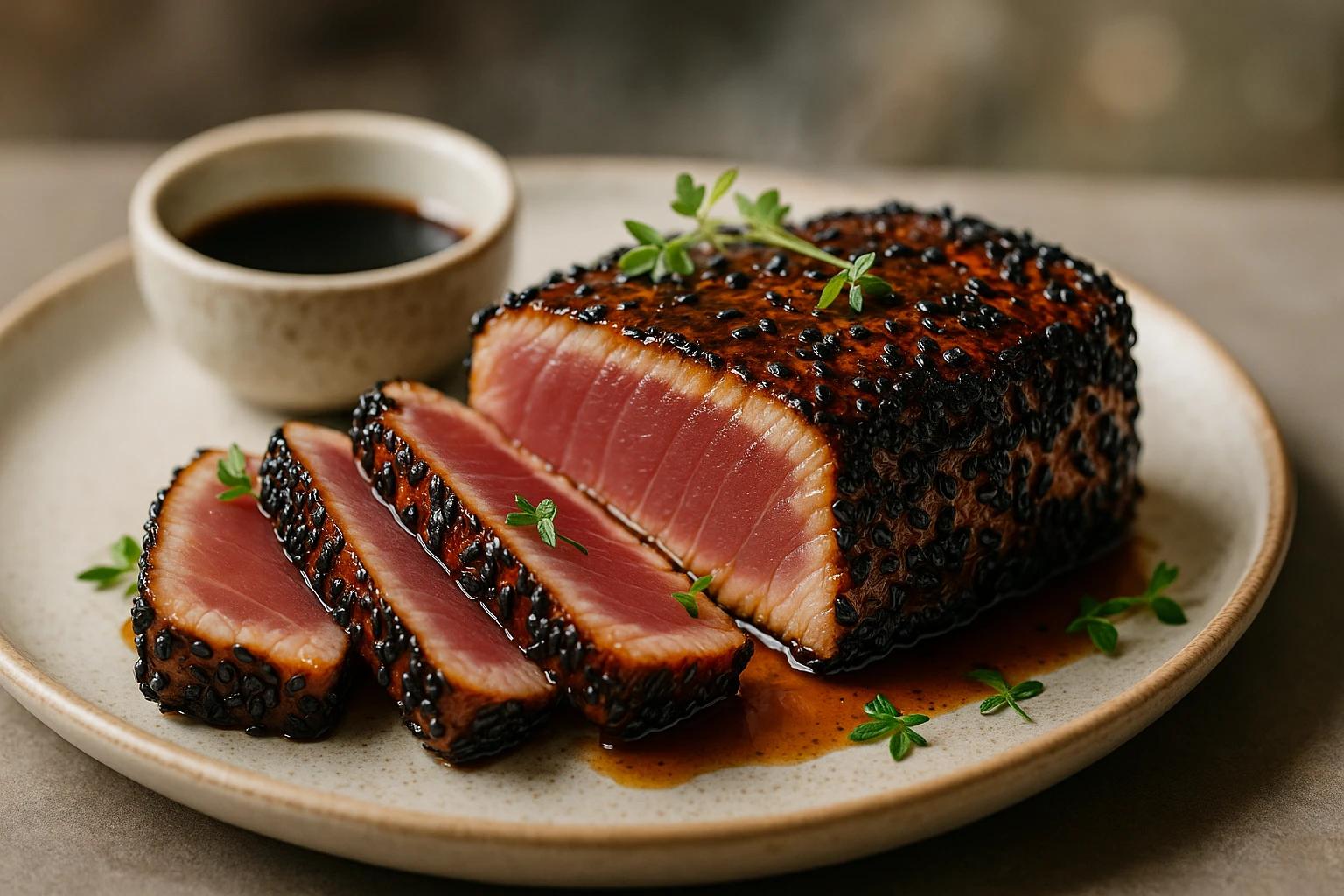 Thon grillé en croûte de sésame noir et érable