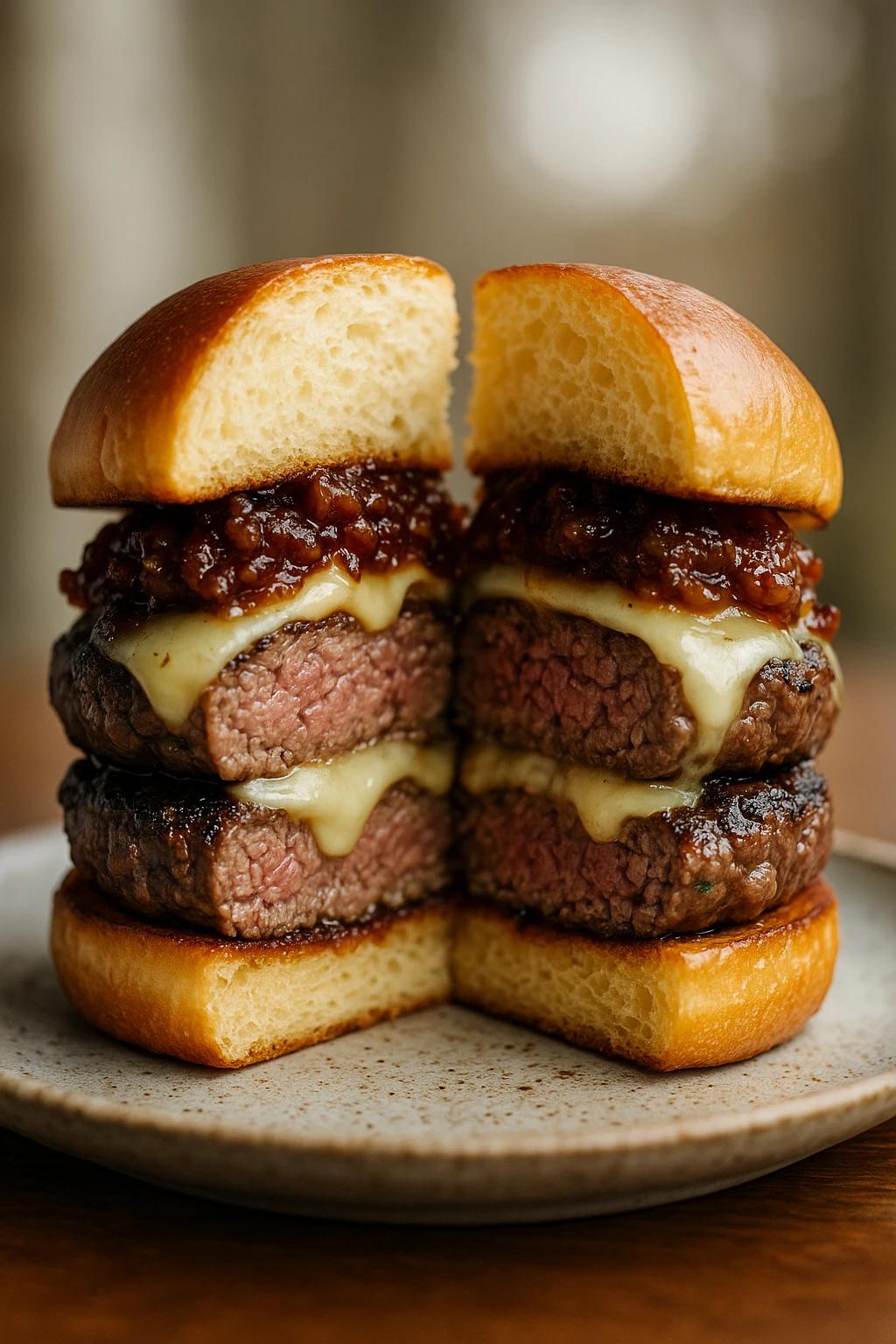 Hamburguesa wagyu BBQ con mermelada de tocino y jarabe de arce