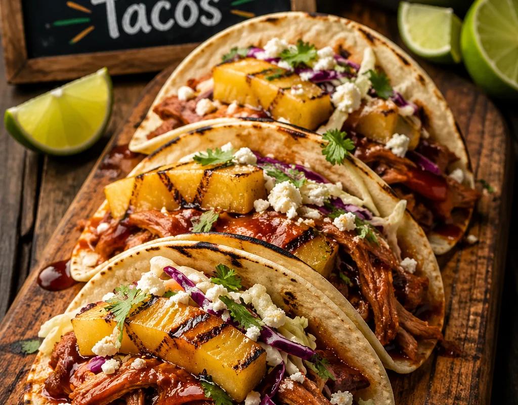 Tacos de cerdo desmenuzado y piña ahumada