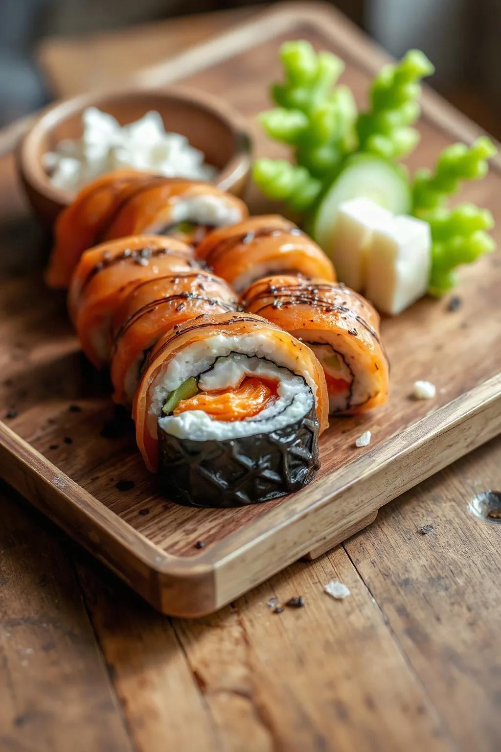 Rouleau de Sushi au Saumon Fumé et Fromage à la Crème