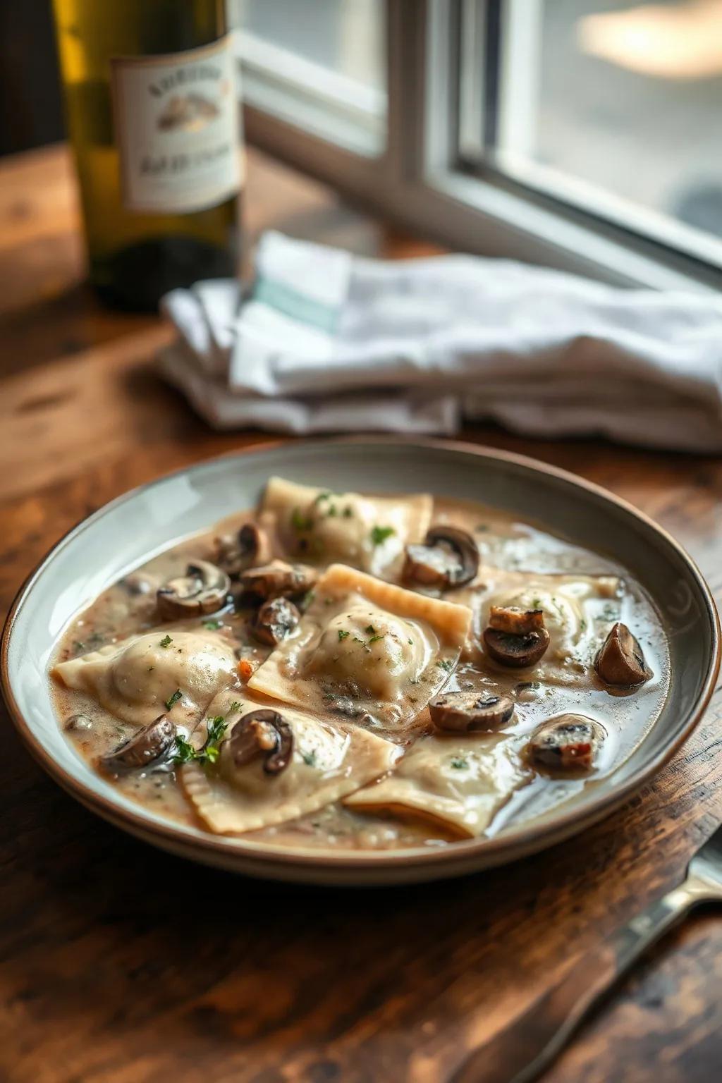 Raviolis aux champignons dans une sauce crémeuse au Marsala