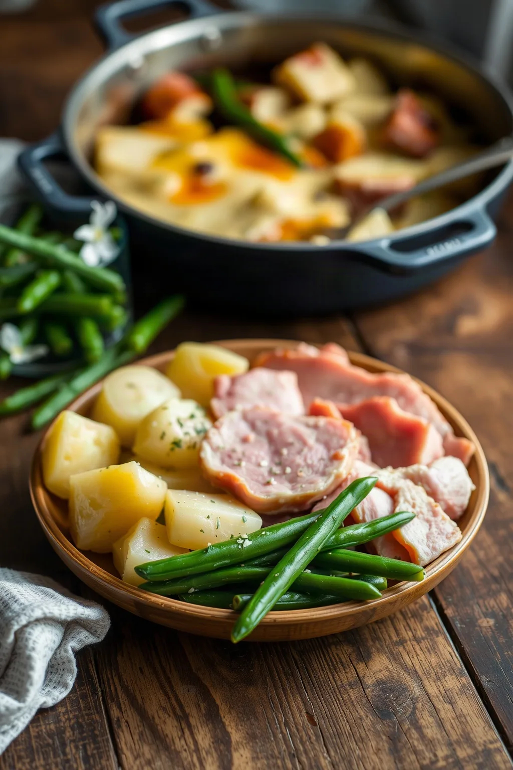 Jambon de campagne, pommes de terre et haricots verts