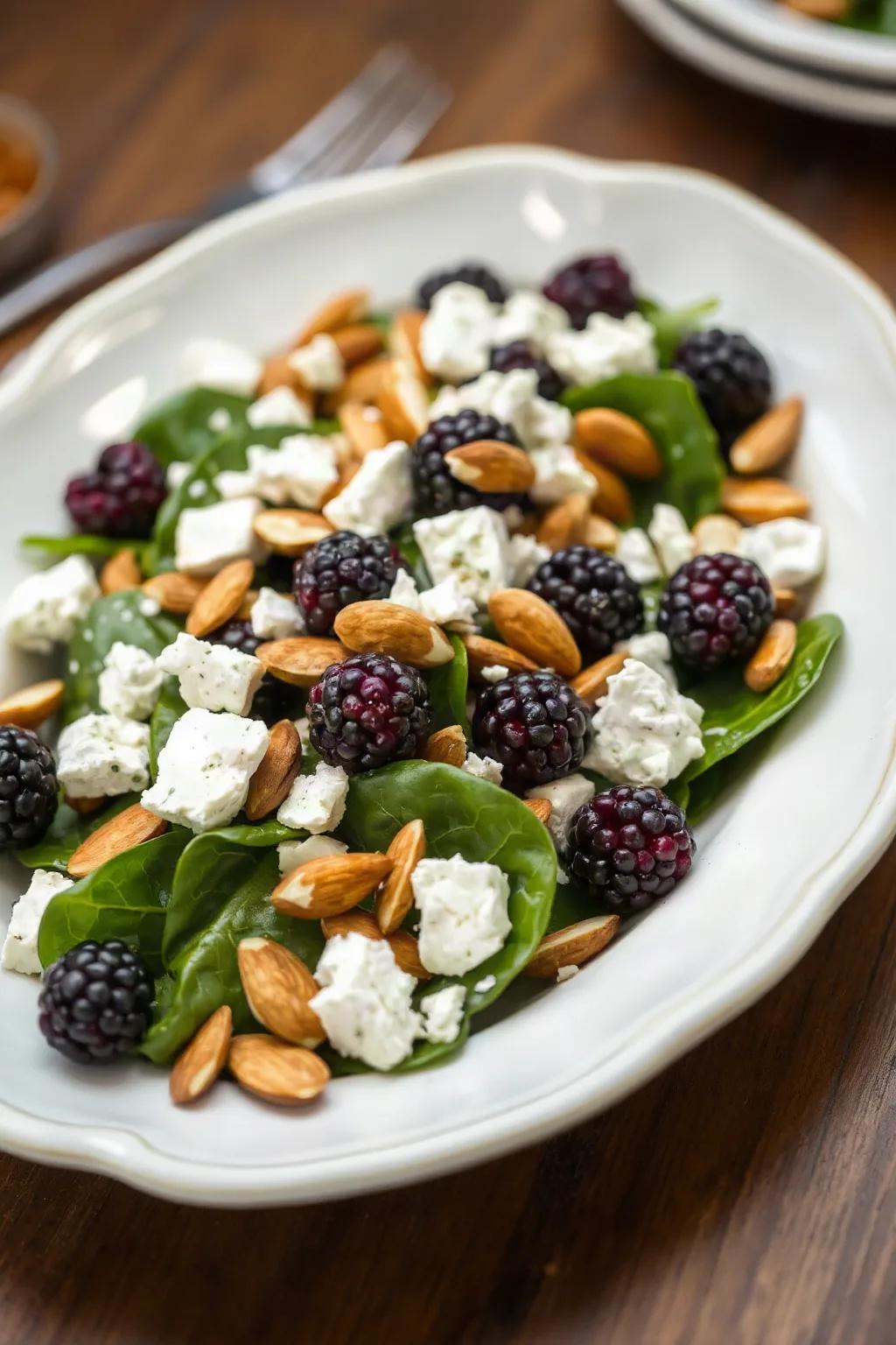 Ensalada de Espinacas y Moras con Queso Feta