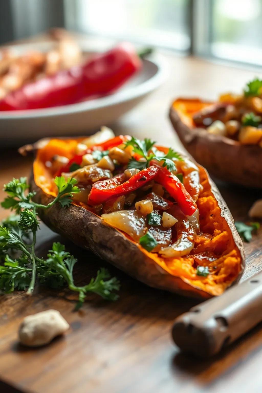 Patates douces au four avec oignons et poivrons rouges