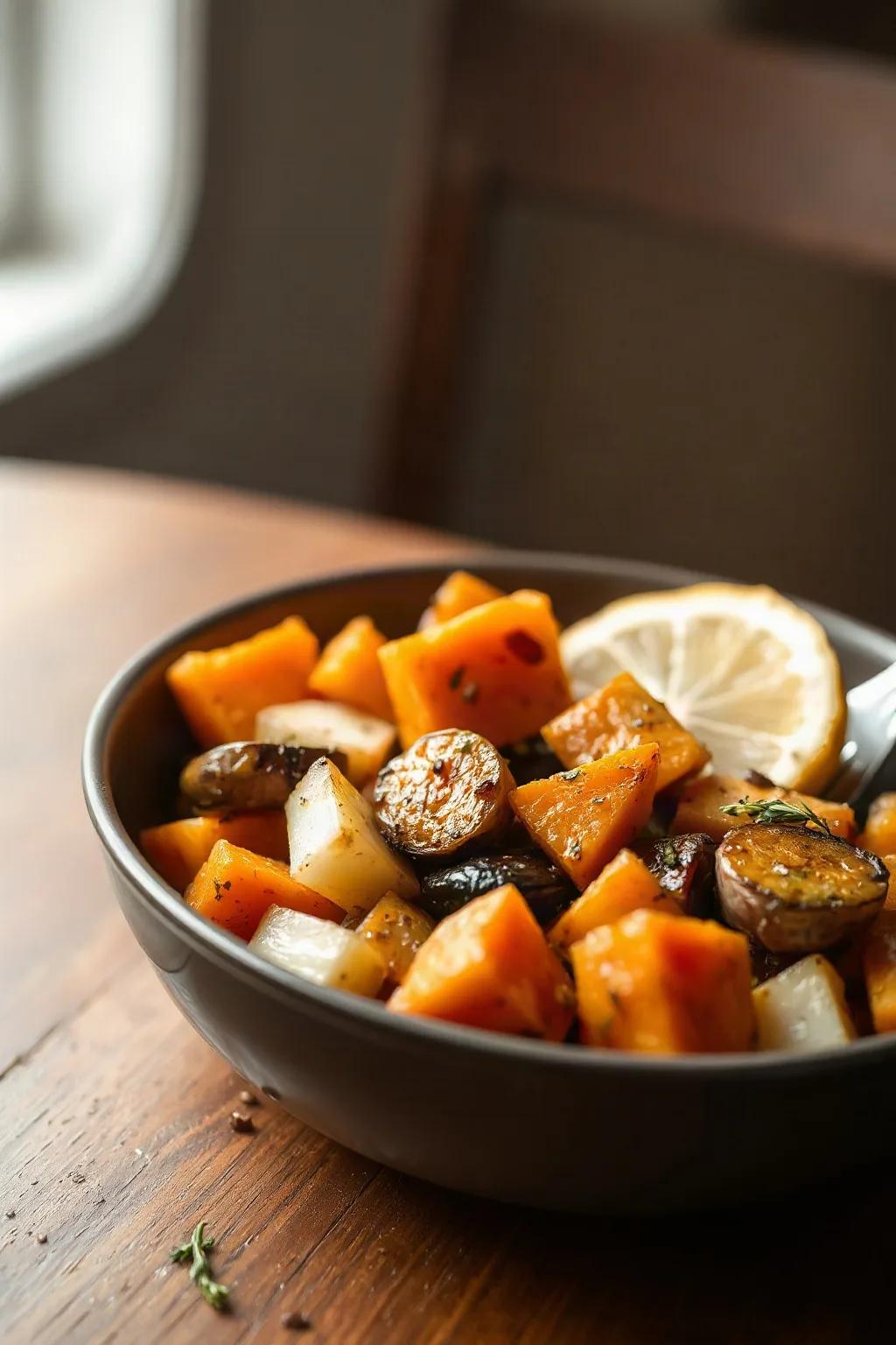 Roasted Sweet Potatoes & Veggies with Thyme & Maple