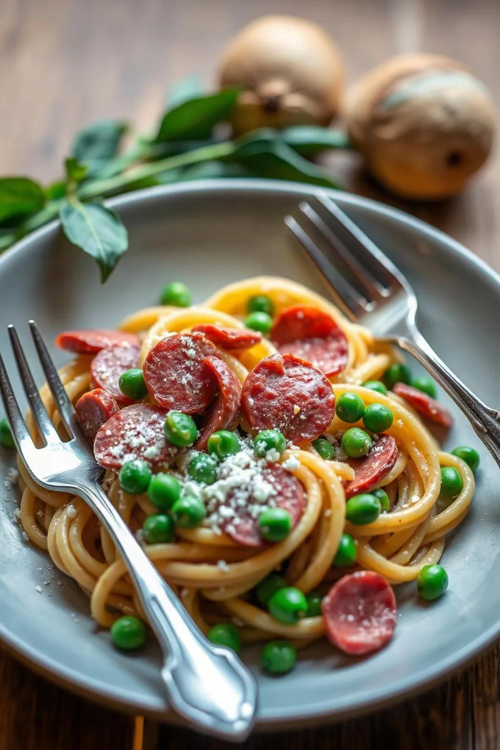 Pasta con Salami y Chícharos