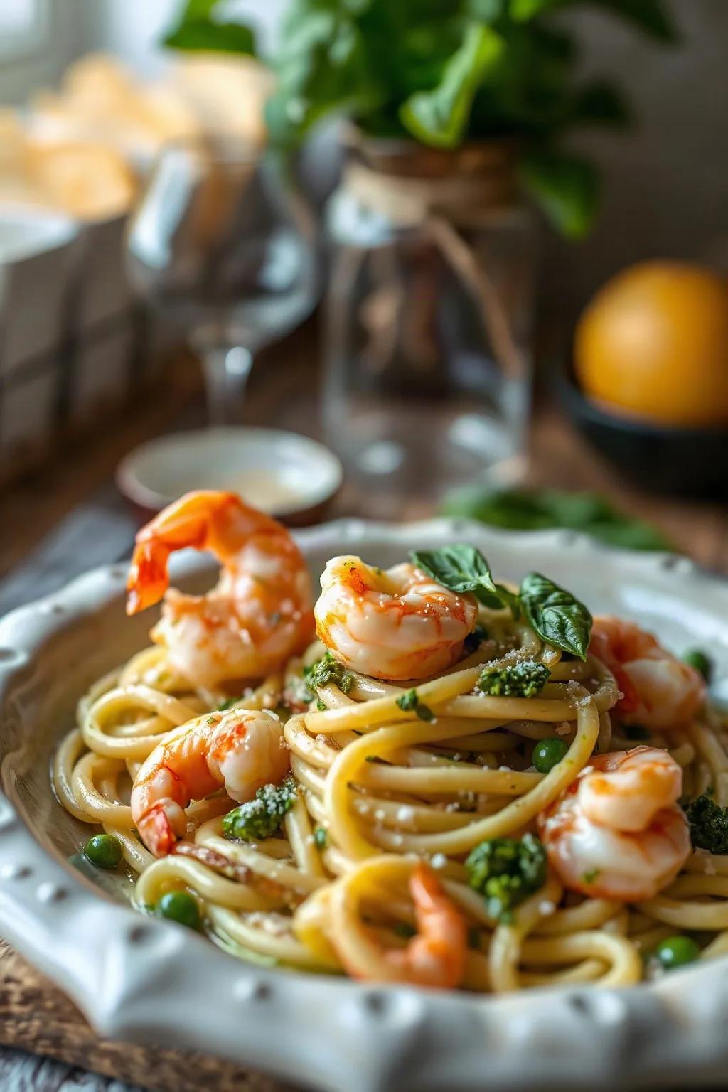 Délice de pâtes crémeuses au pesto et crevettes
