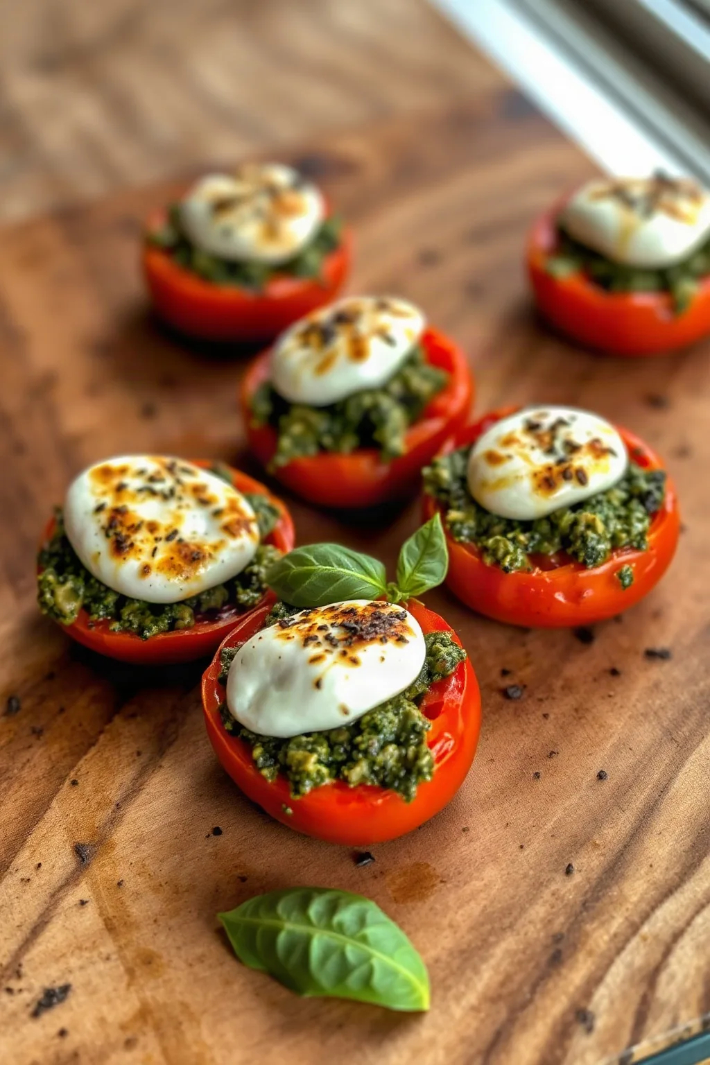 Tomates al Pesto con Mozzarella y Albahaca