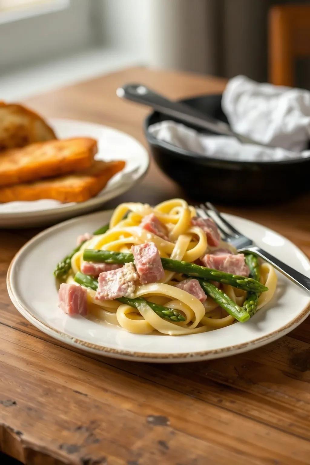 Fettuccine crémeux au jambon et asperges