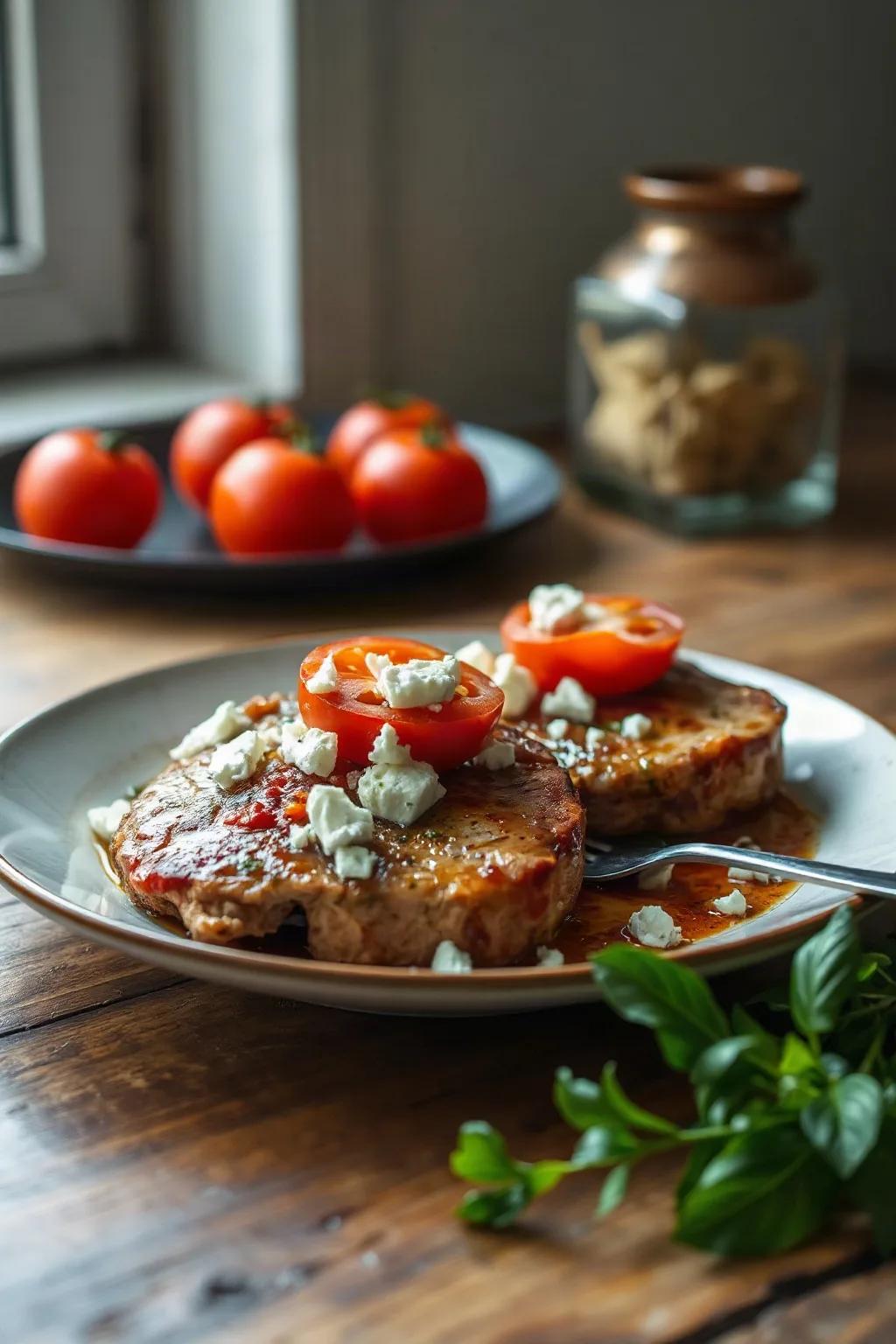 Pork Chops with Tomato, Onion, Garlic, and Feta