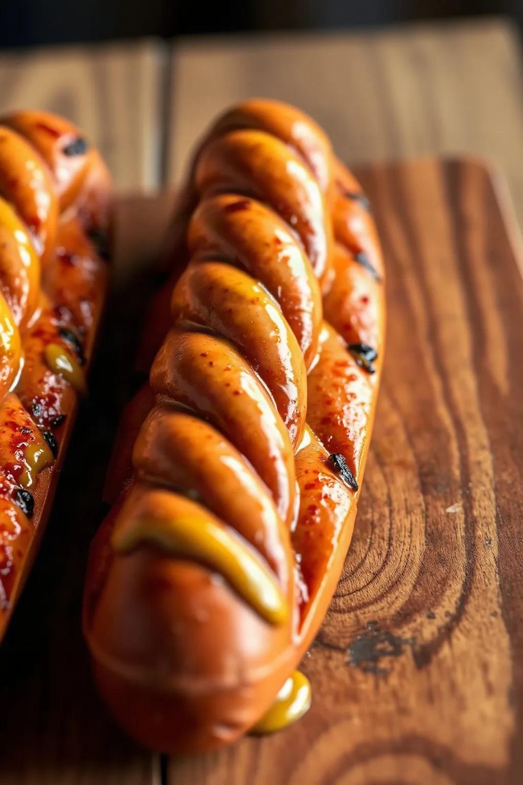 Curly Q Grilled Sausages with Mustard Glaze