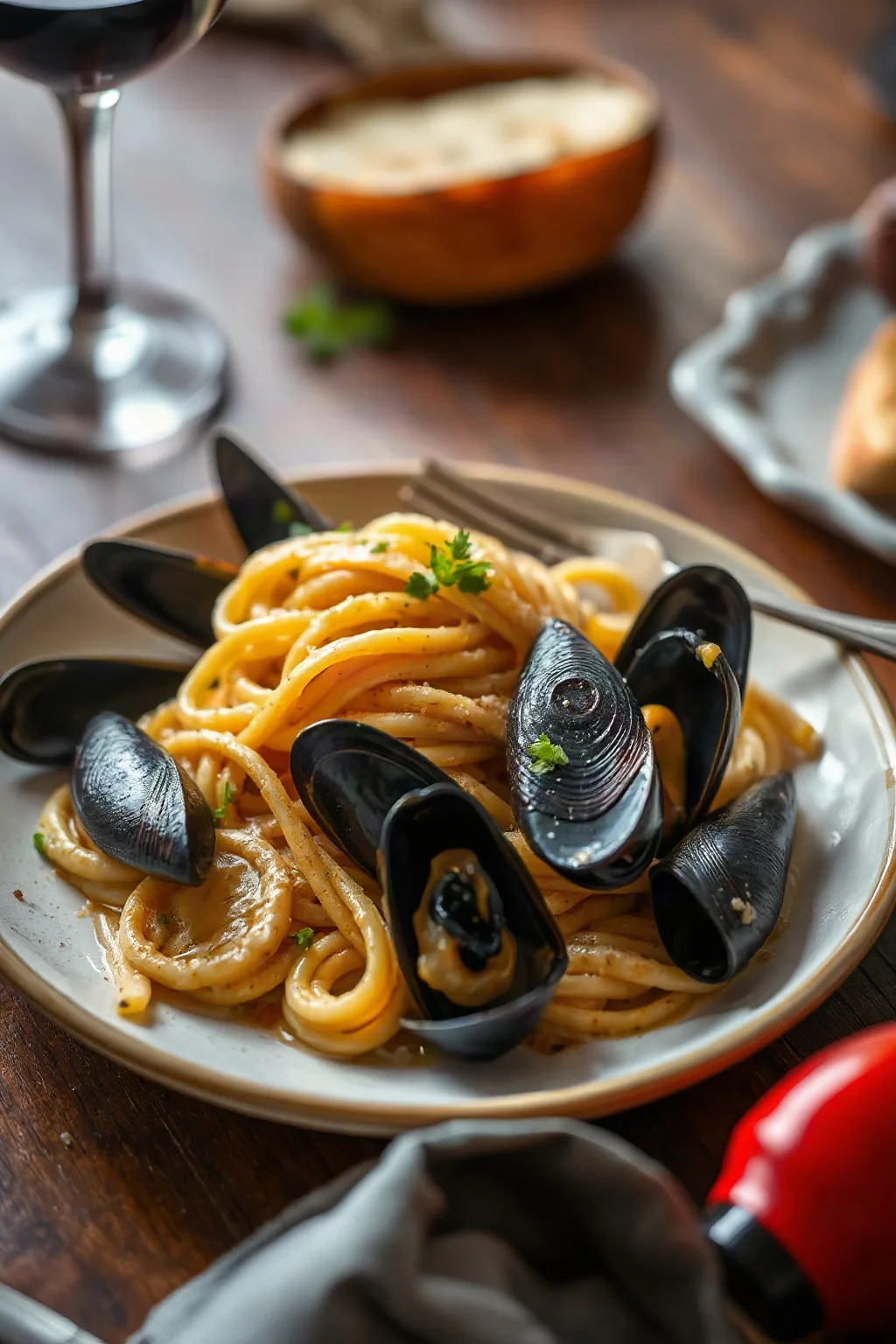 Moules et pâtes avec sauce crémeuse au vin