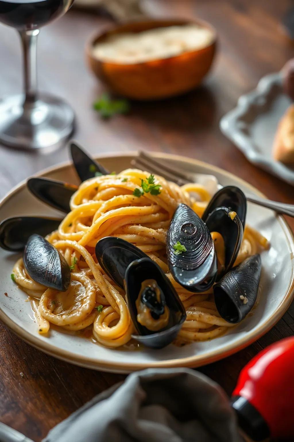 Mussels and Pasta with Creamy Wine Sauce