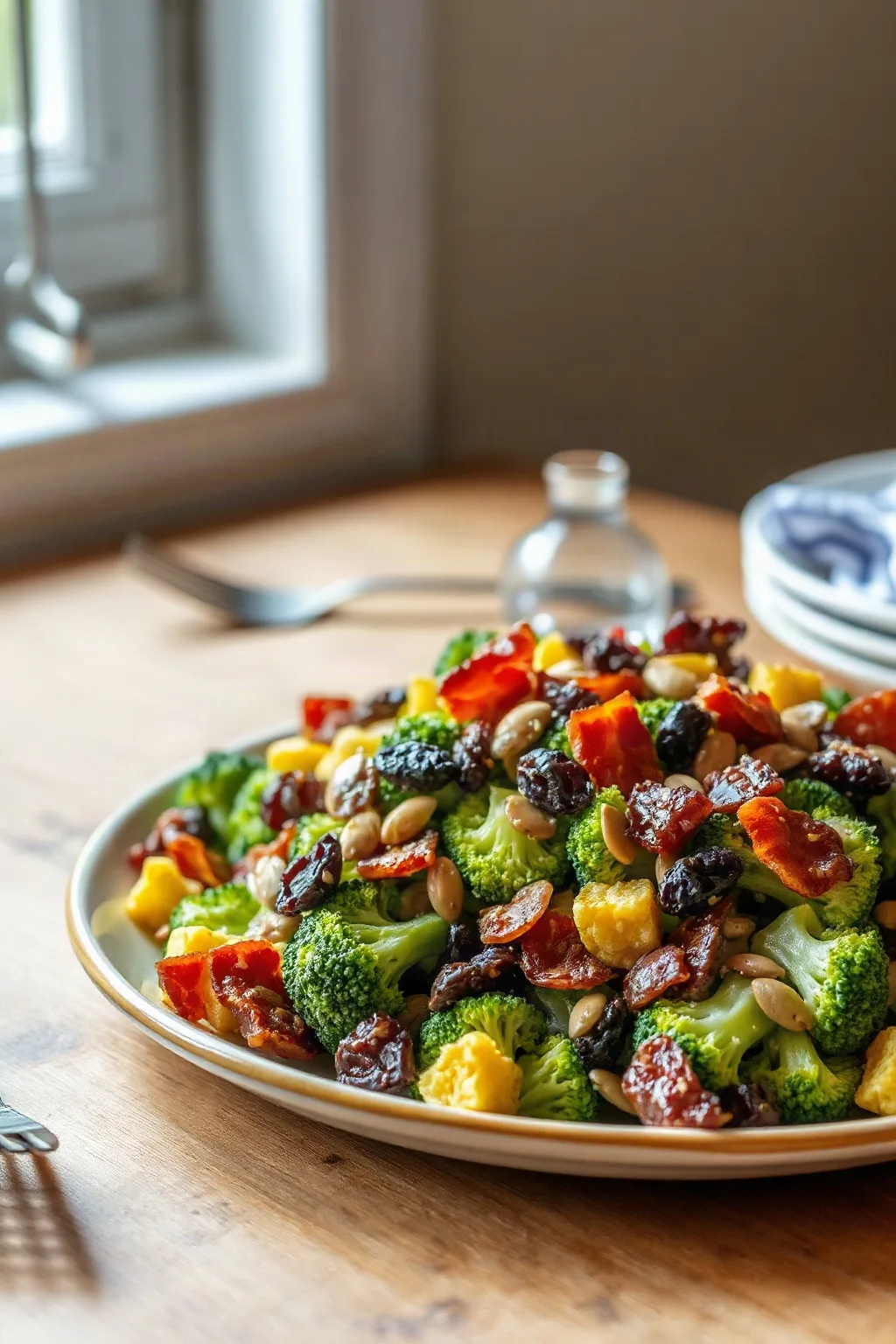 Ensalada de Brócoli con Tocino, Pasas y Semillas de Girasol