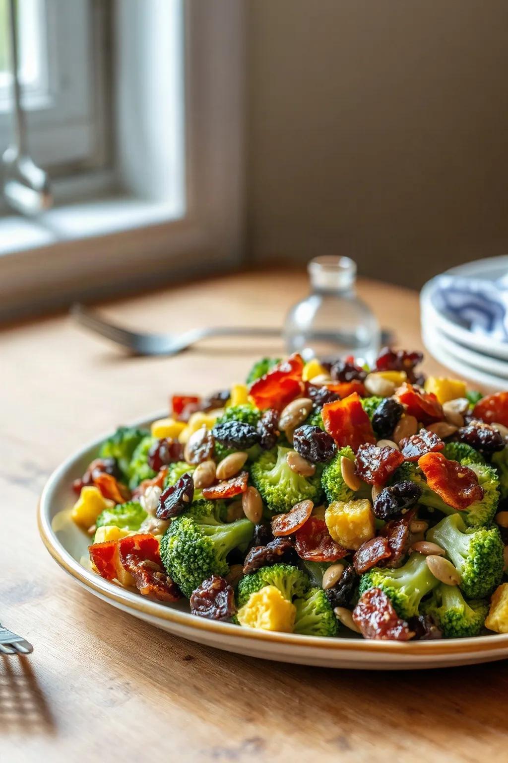 Salade de brocoli au bacon avec raisins et graines de tournesol