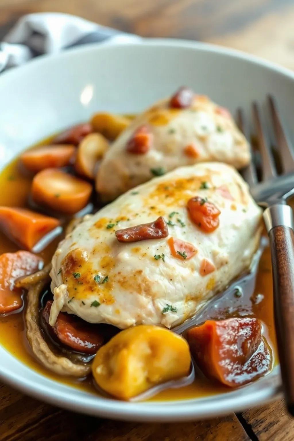 Poitrines de poulet braisées au ragoût de mirepoix