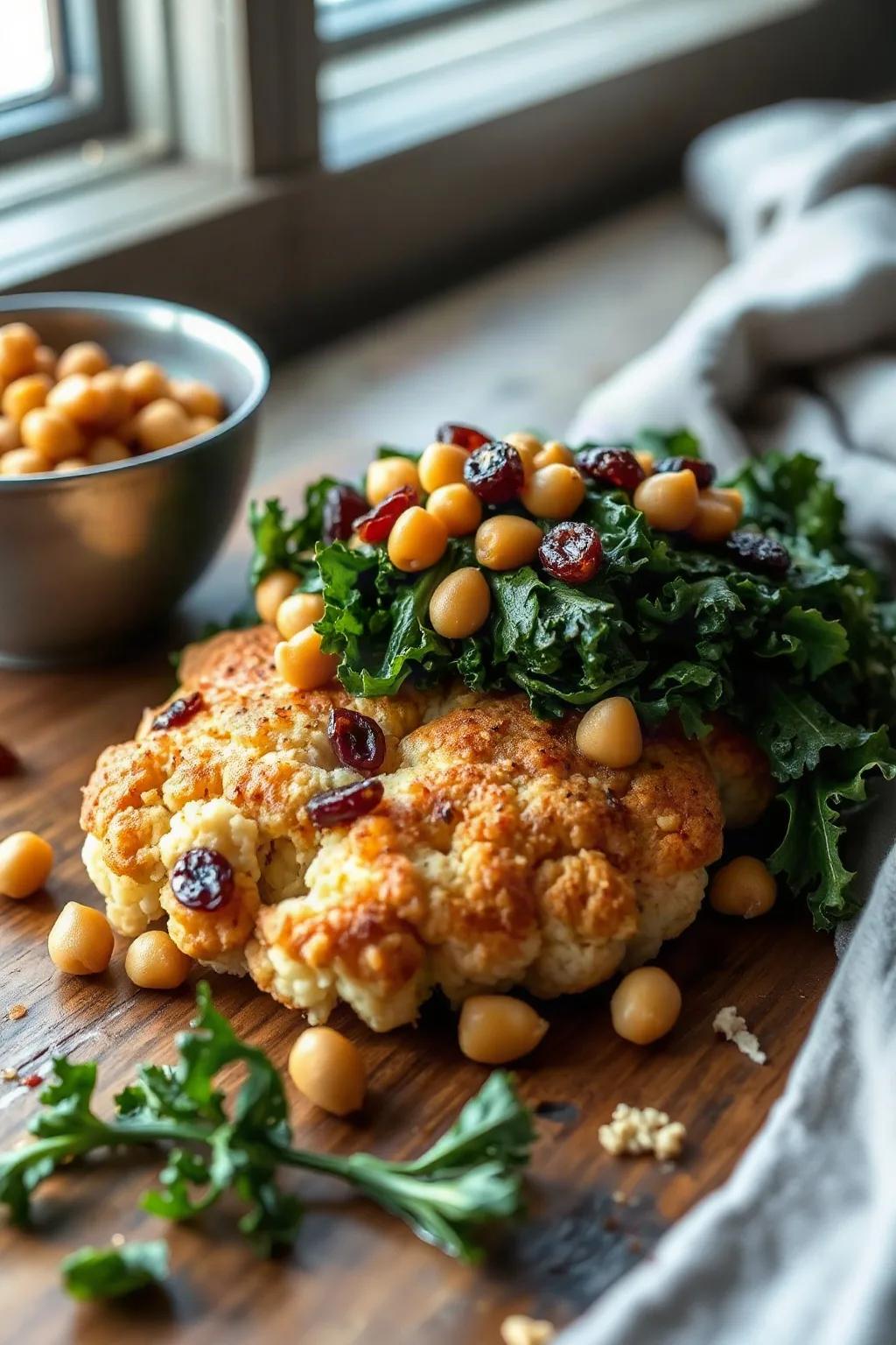 Cauliflower Steaks with Chickpeas, Raisins, and Kale