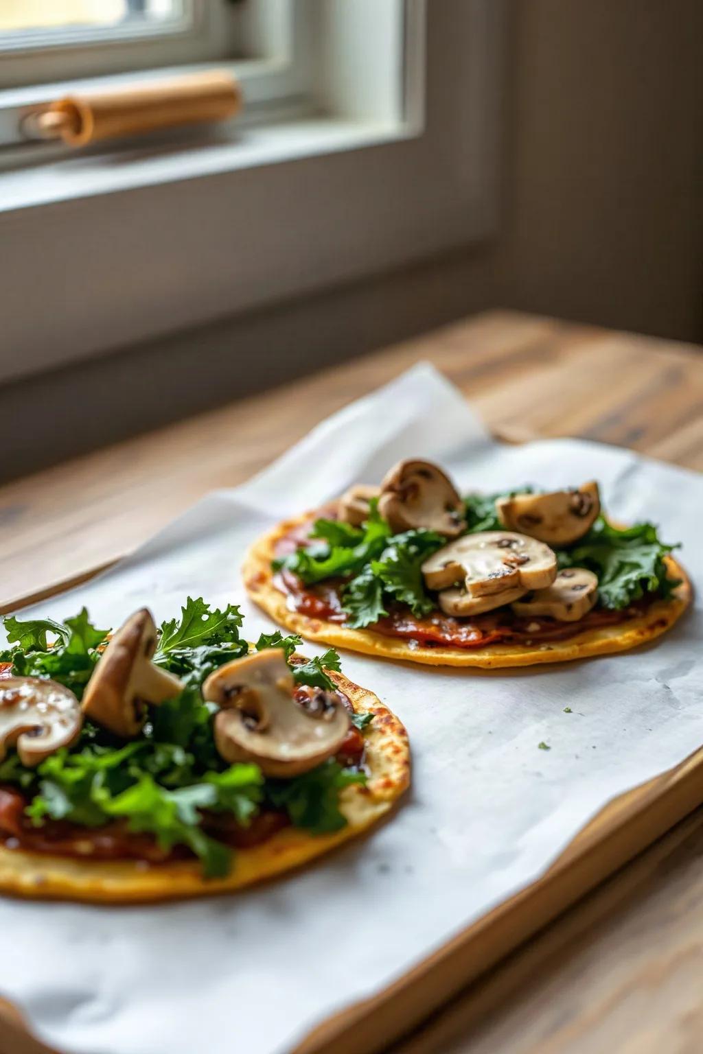 Mushroom and Kale Tortilla Pizzas