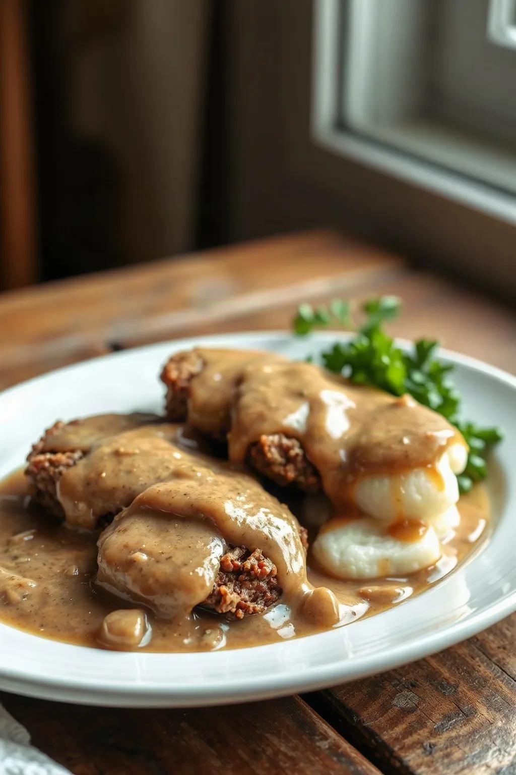 Steak haché savoureux avec sauce aux oignons