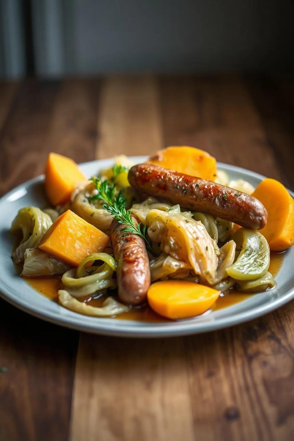 Braised Cabbage with Sausages and Sweet Potatoes