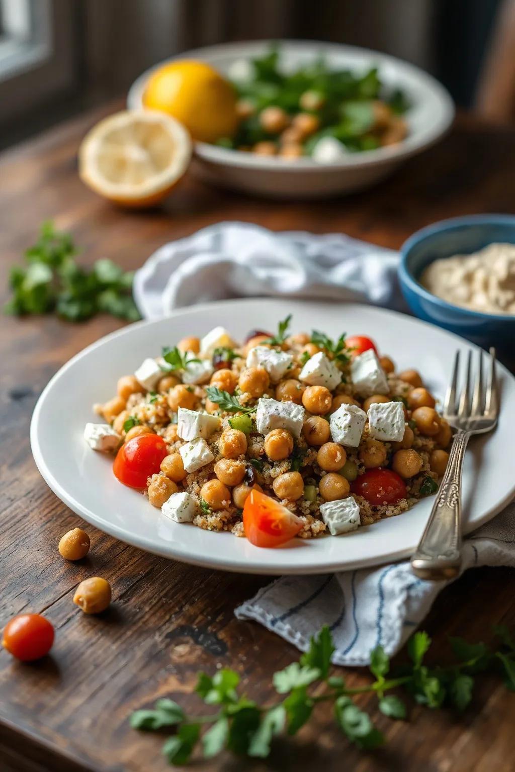 Salade de quinoa aux herbes et citron avec feta et pois chiches