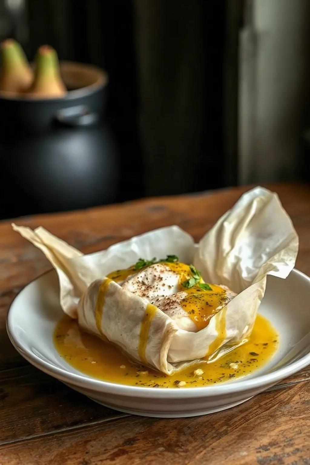 Fish en Papillote with Curry Vinaigrette