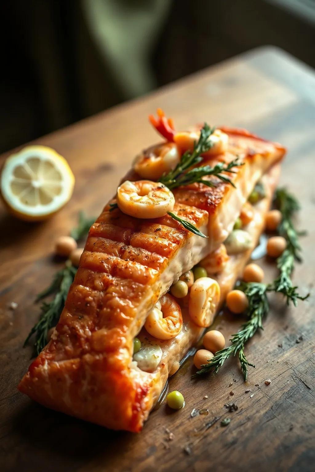 Rôti de saumon froid farci aux crevettes et aux légumes