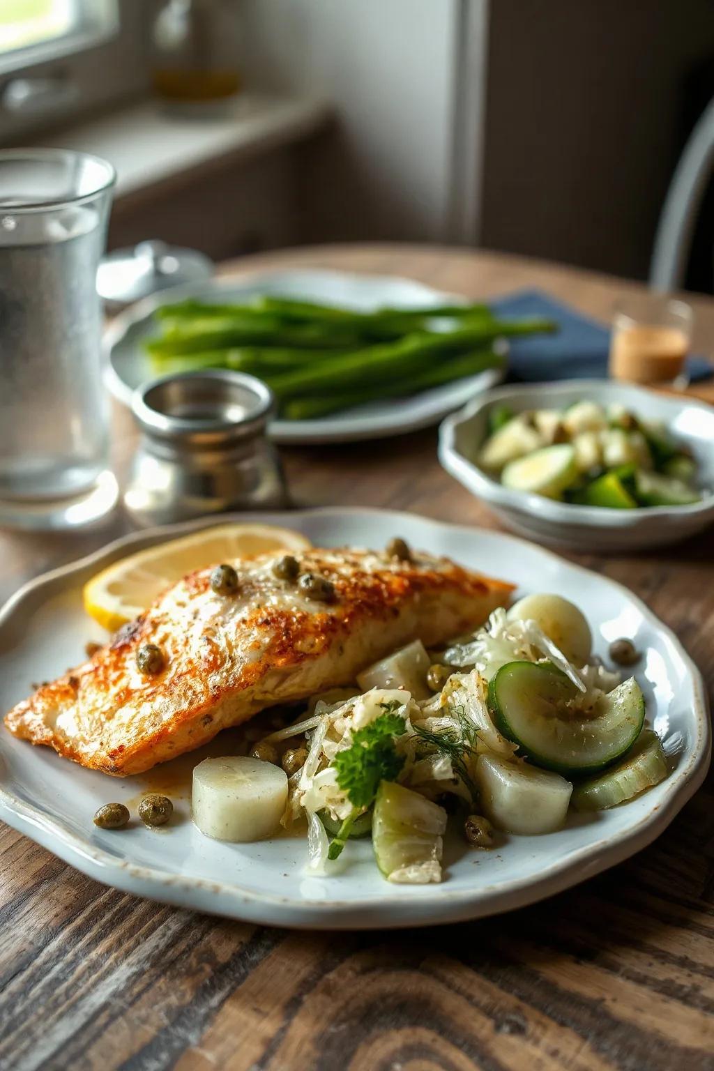 Aiglefin au citron et aux câpres, salade de fenouil et de concombres