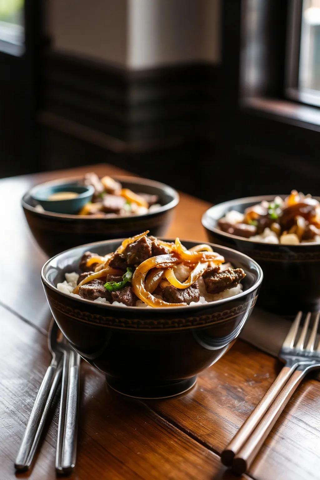 Bols repas au bœuf et aux oignons gyudon