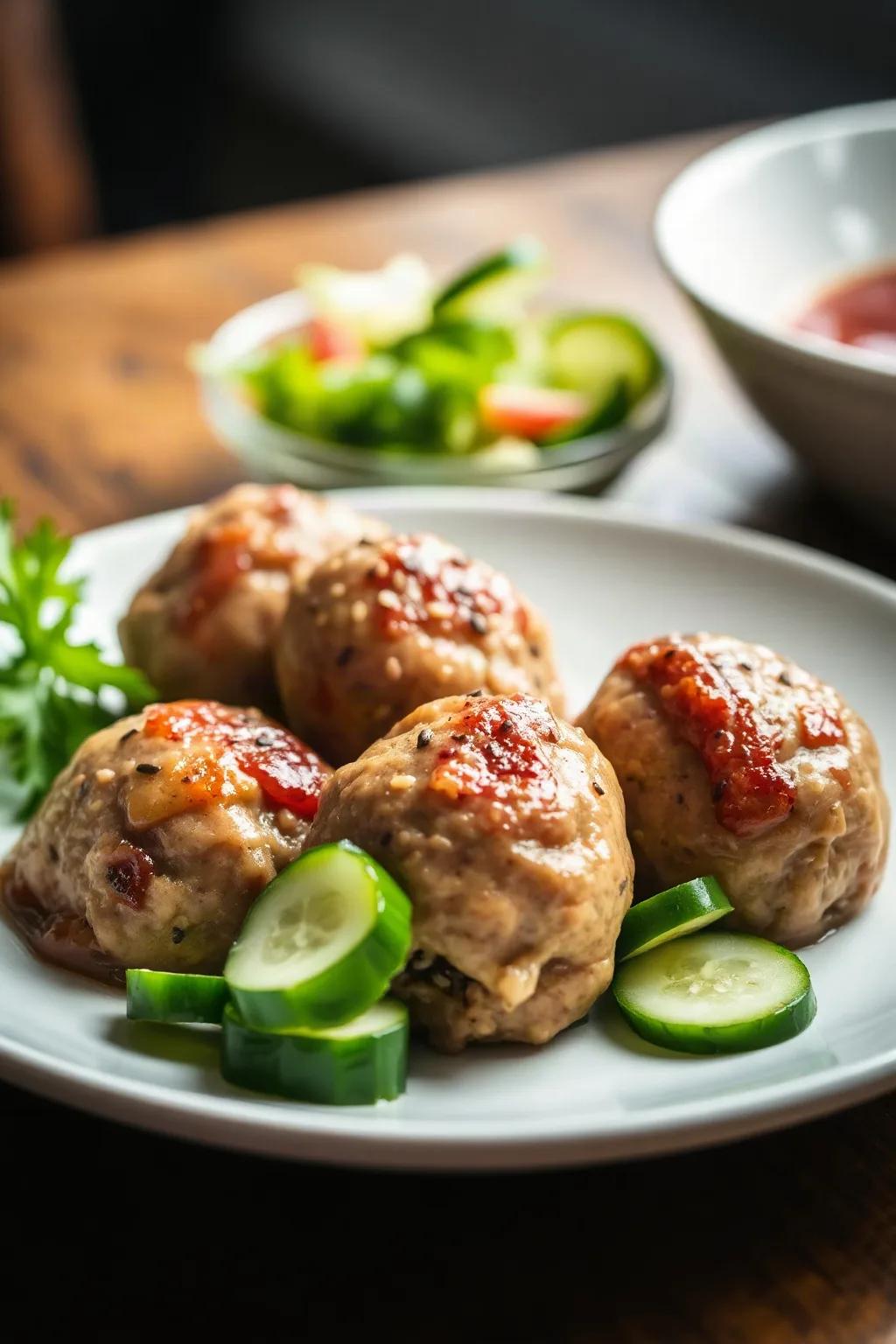 Albóndigas de Cerdo con Sésamo y Ensalada de Pepino