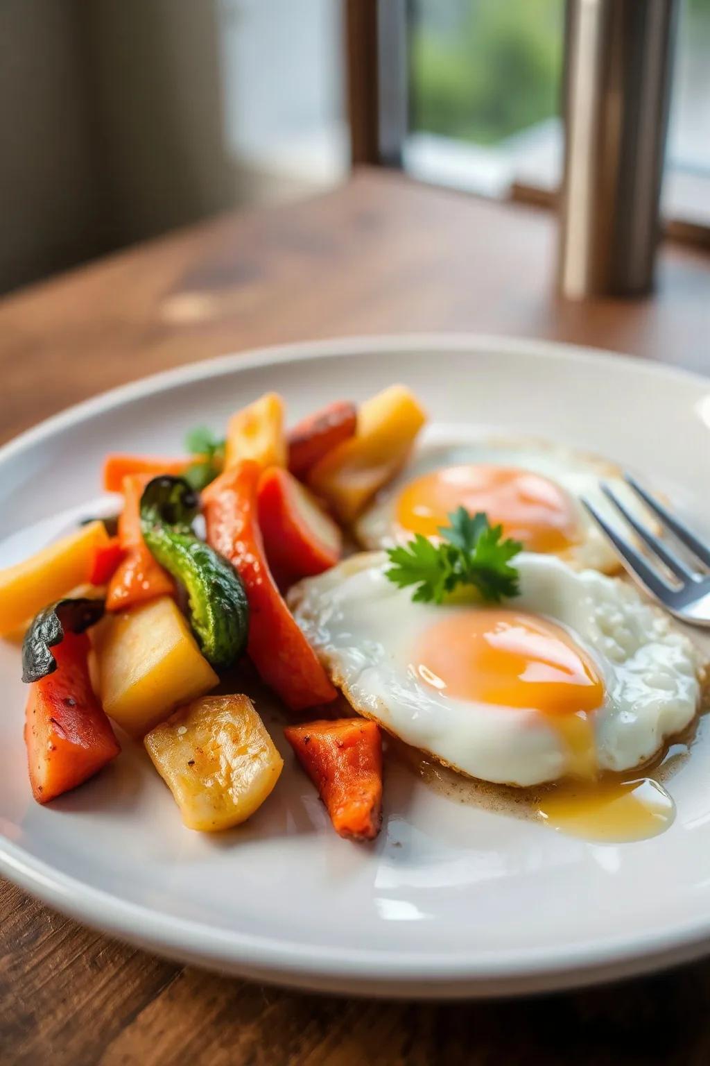 Fried Eggs with Grilled Sesame Vegetables