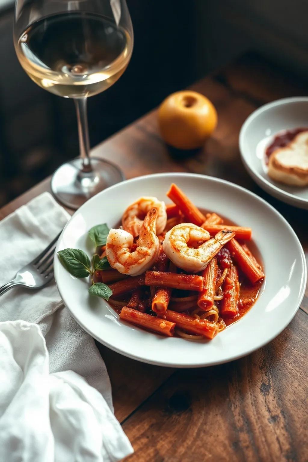 Pennes all'arrabbiata aux crevettes