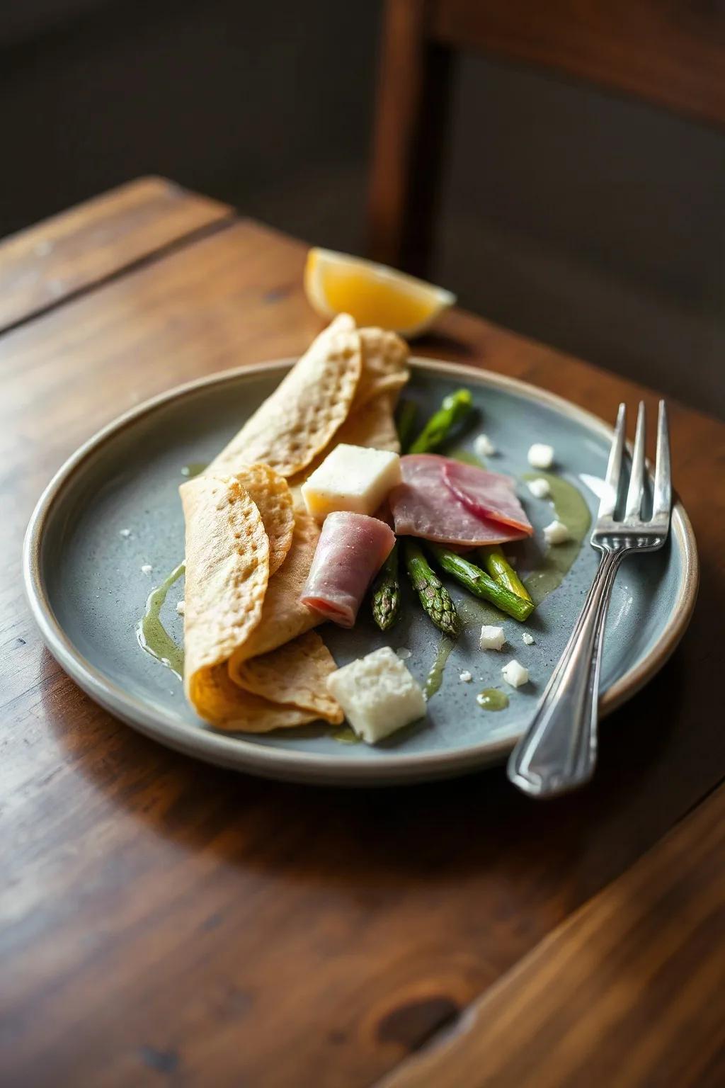 Buckwheat Crepes with Ham, Asparagus and Cheese