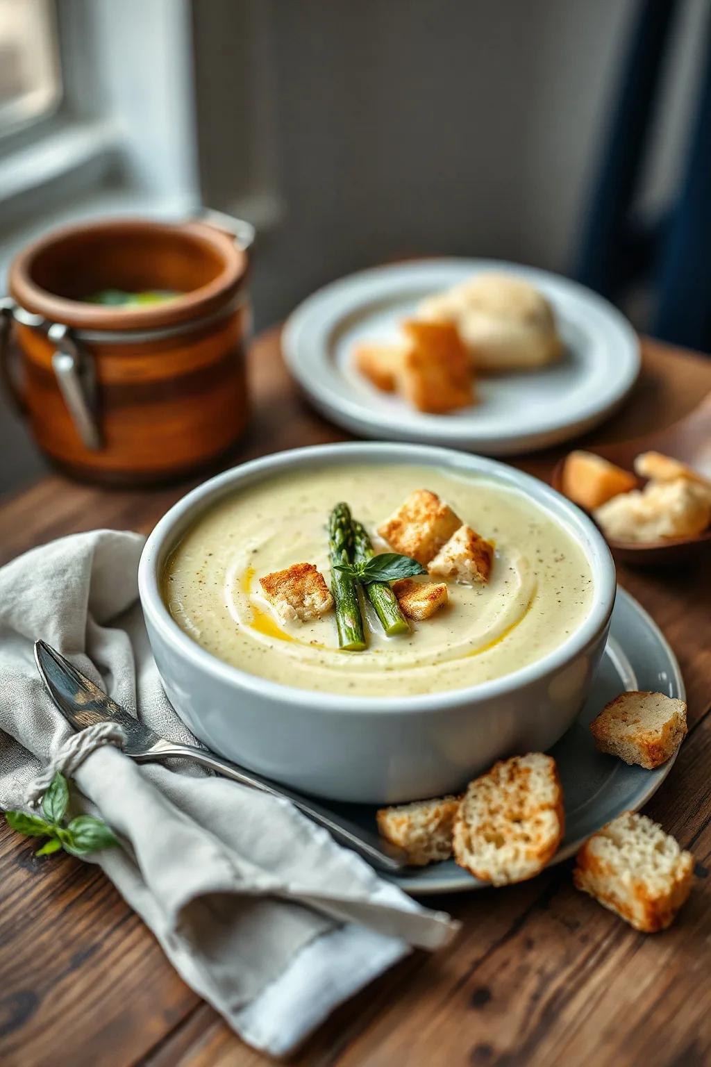 Asparagus Cream Soup with Basil and Cottage Cheese Croutons