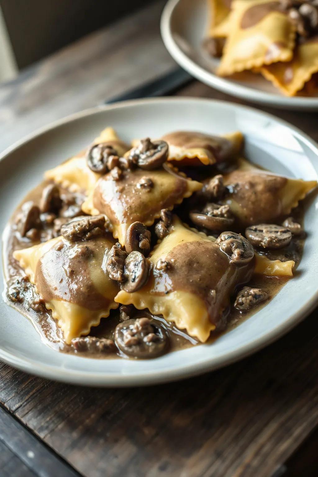 Raviolis au boeuf sauce aux champignons
