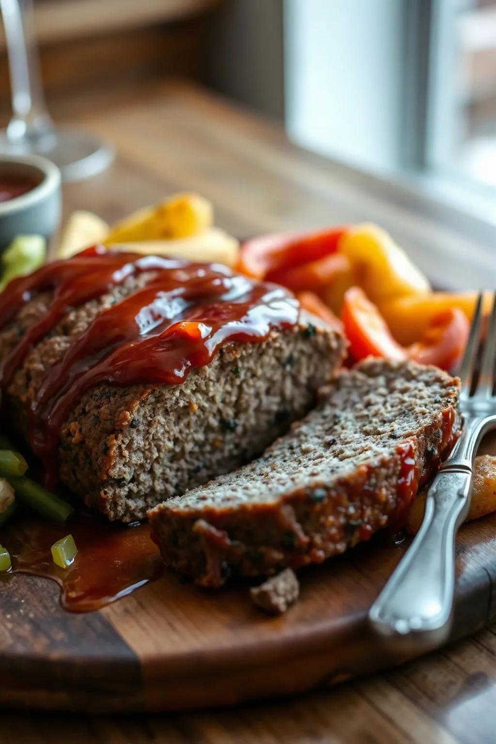 Pain de viande et de légumes sauce barbecue aux poivrons rouges