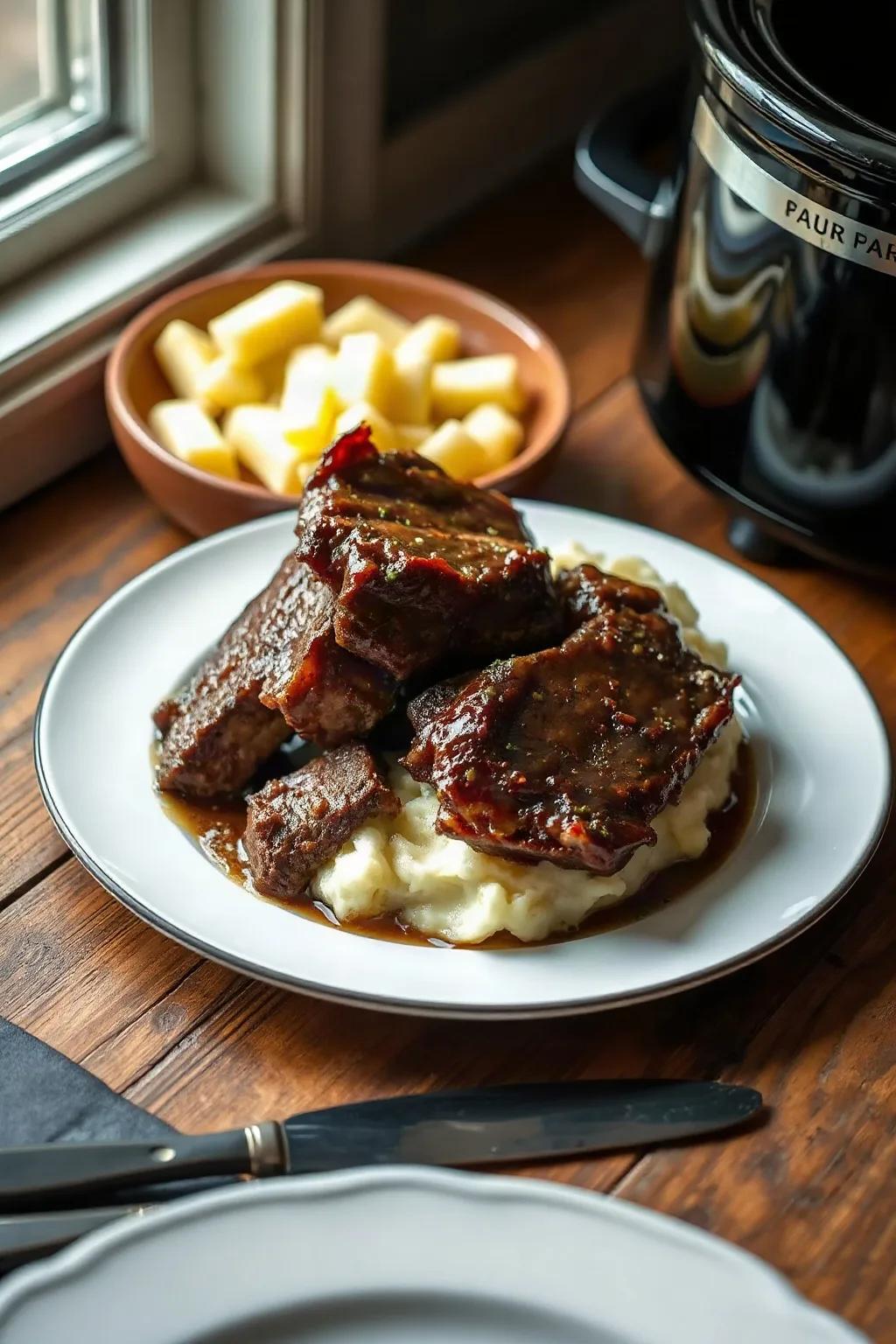 Côtes levées de bœuf à la mijoteuse et écrasé de pommes de terre à la crème sure