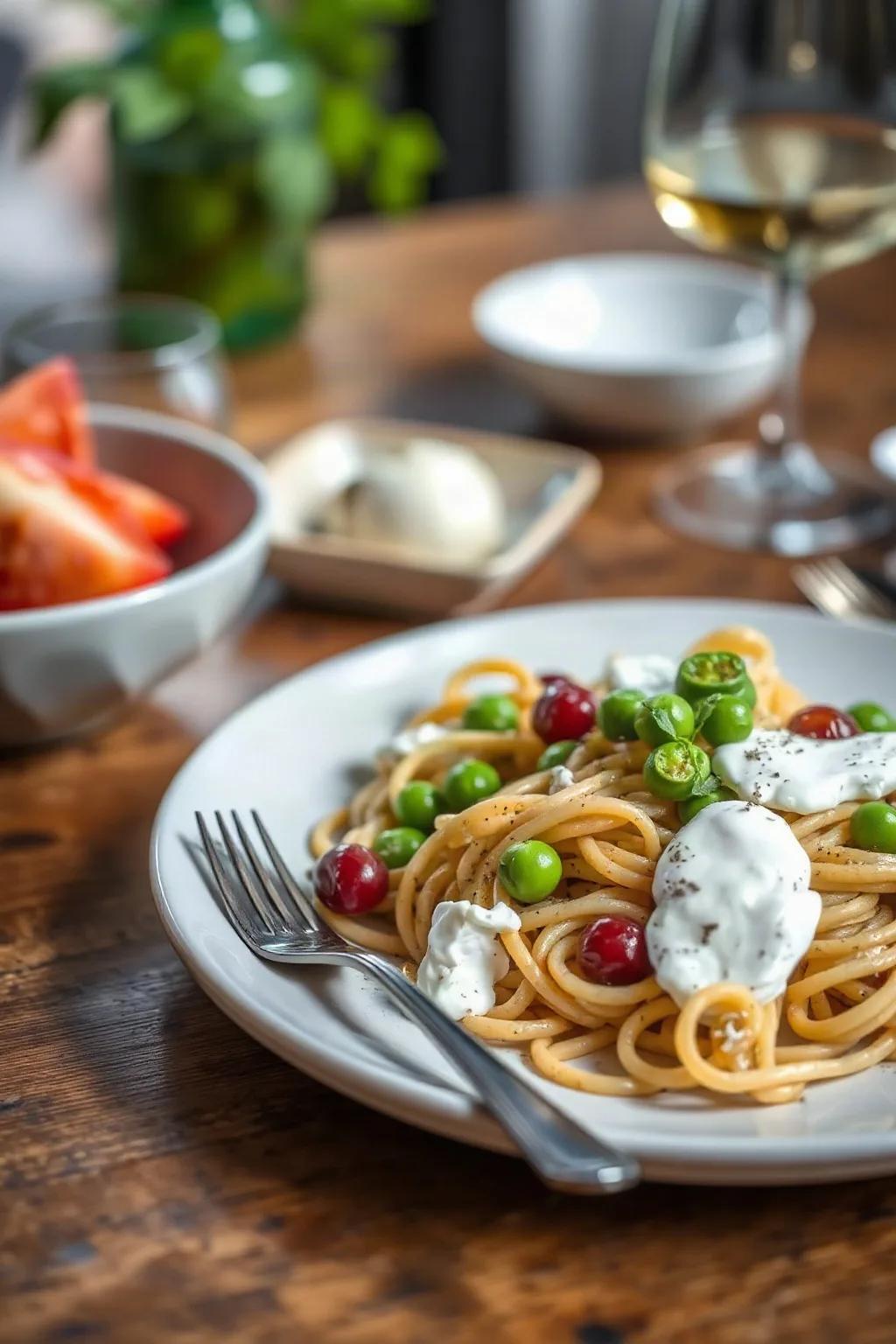 Ensalada de Pasta con Pesto, Guisantes y Burrata