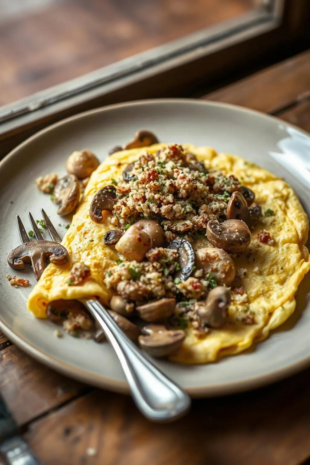 Omelette aux champignons et chapelure aux herbes