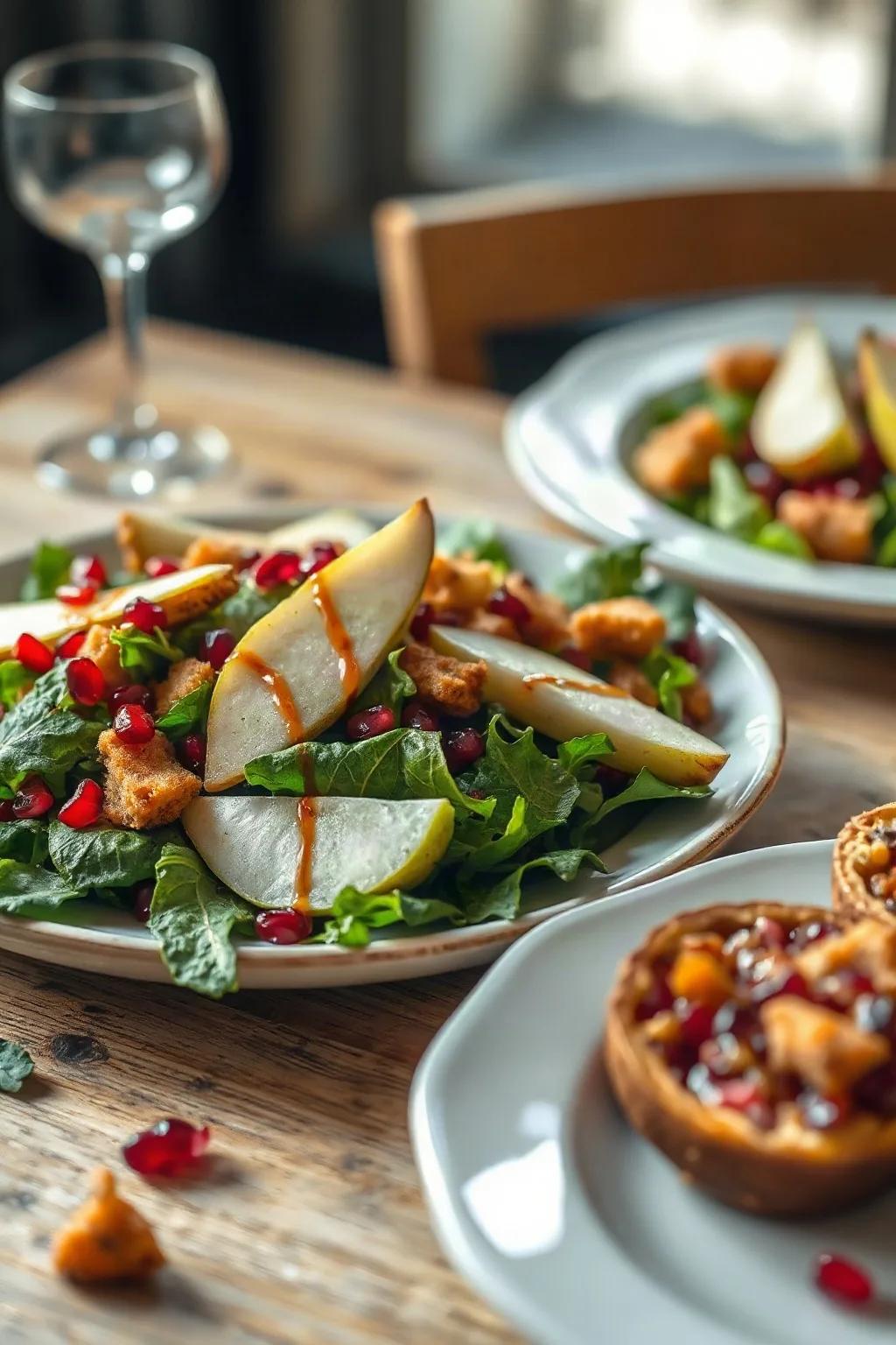 Green Salad with Pear and Pomegranate, Spiced Croutons
