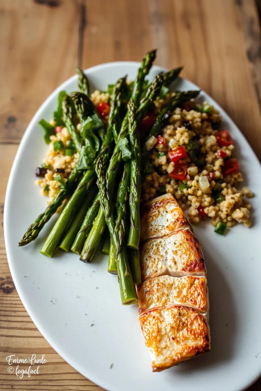 Sébaste et asperges grillées salade de couscous israélien