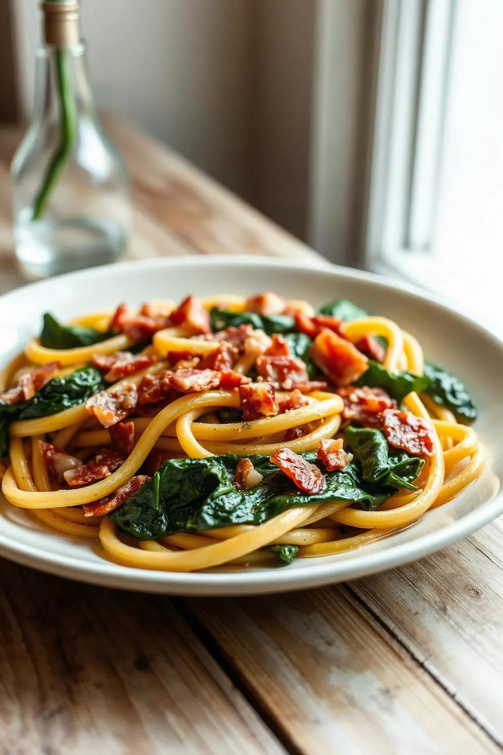 Pasta con Panceta y Espinacas