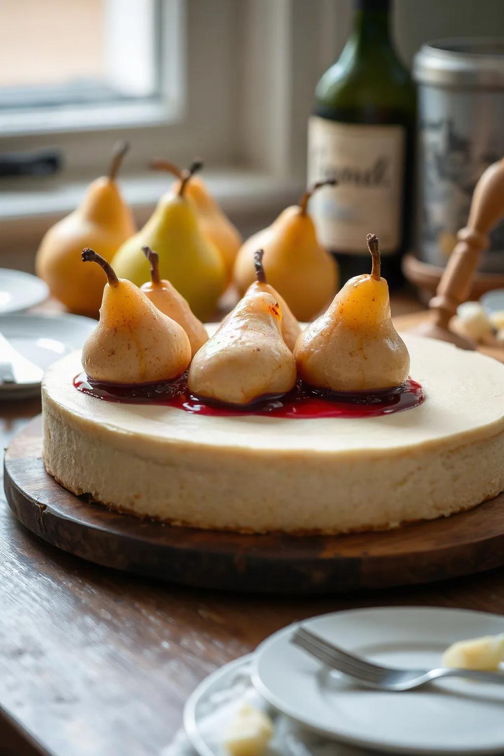 Pastel de Pasta de Almendra con Peras en Vino Tinto