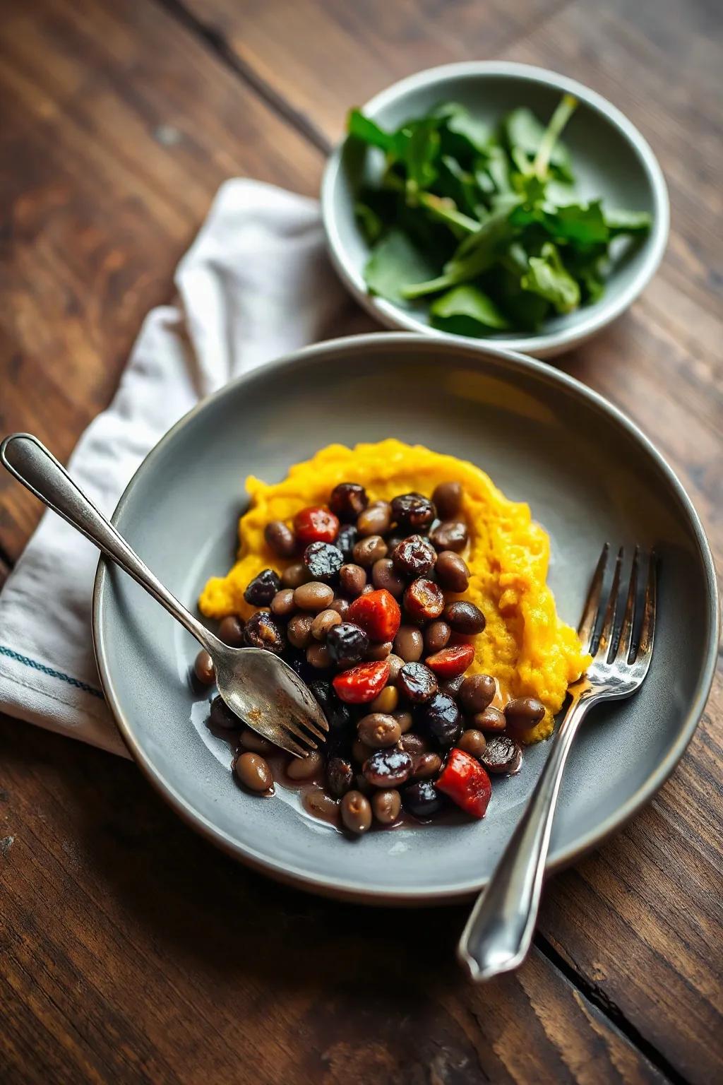 Beluga Lentils with Chorizo and Red Wine Squash Smash